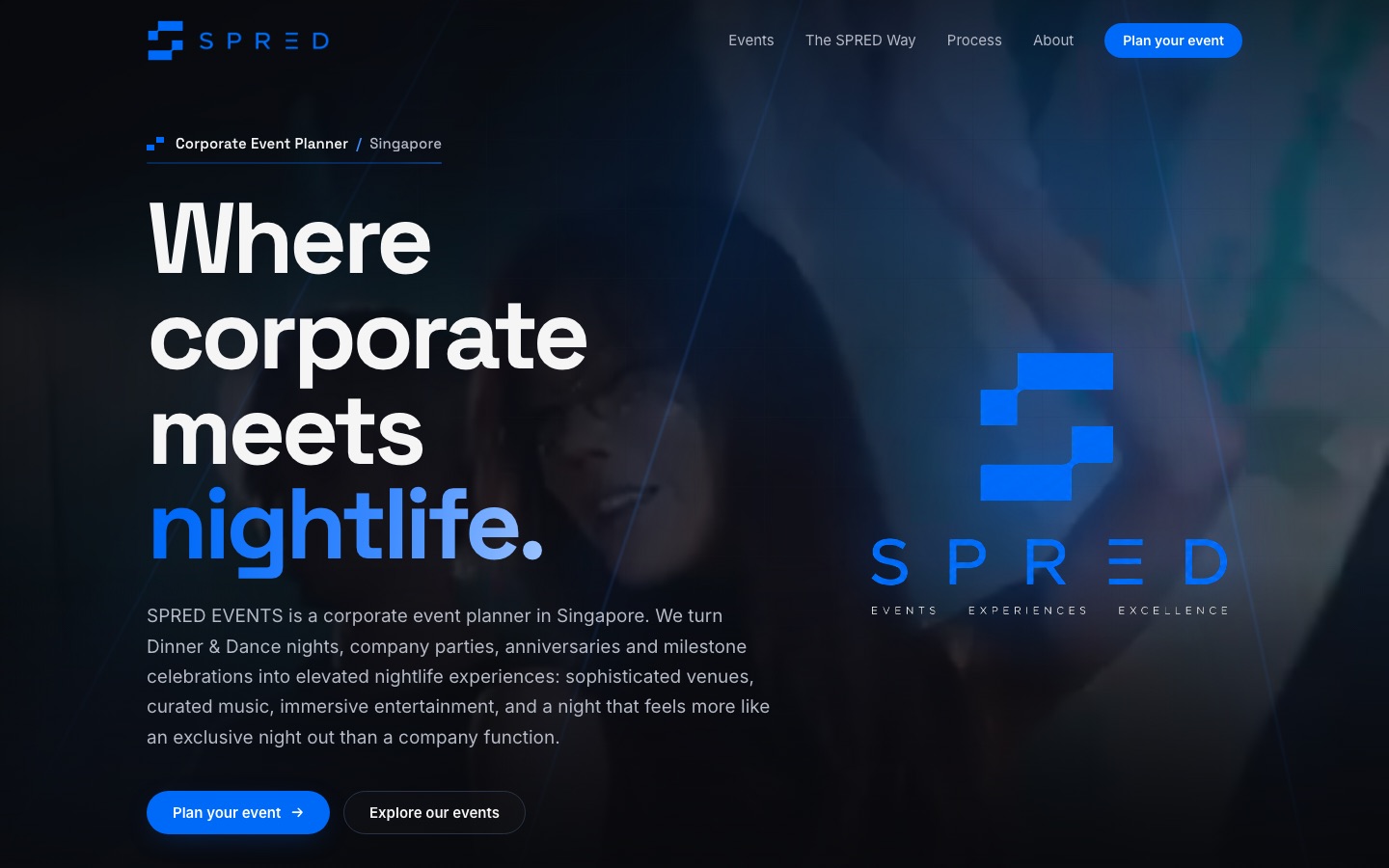 The spredevents.com homepage: Corporate Event Planner Singapore, Where corporate meets nightlife.