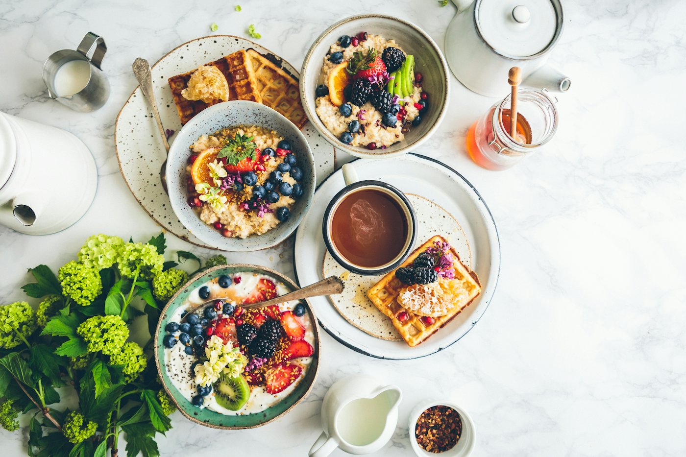 A brunch spread seen from above