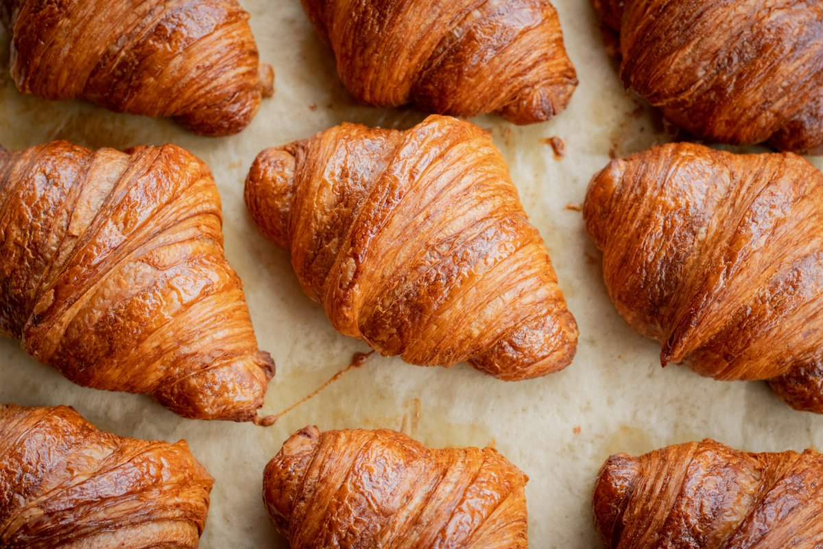Rows of freshly baked croissants