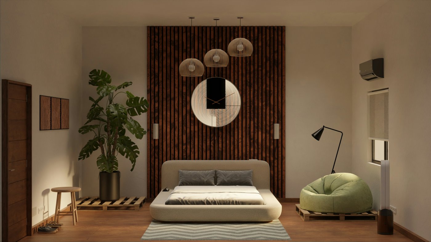 Bedroom with timber headboard wall