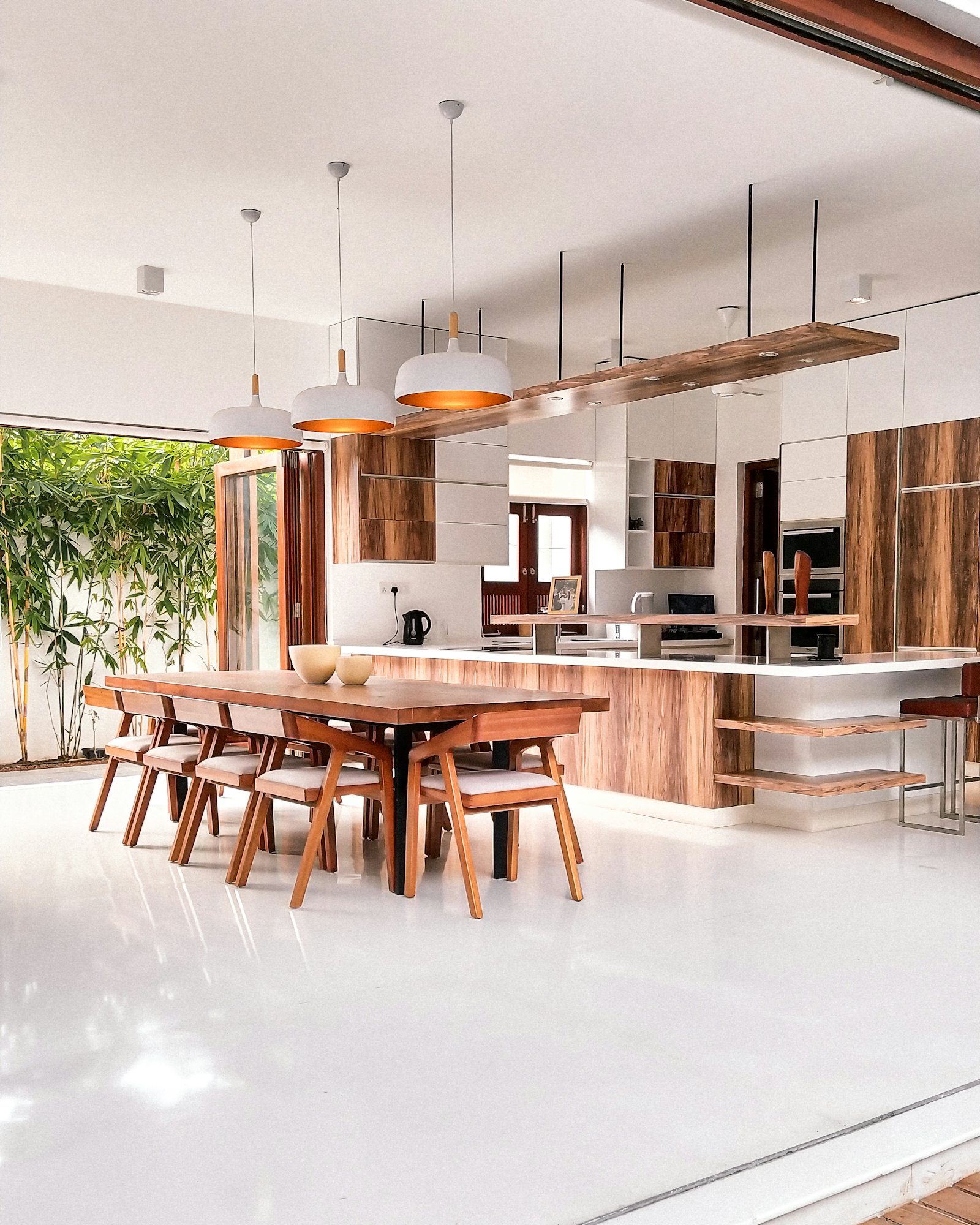An open dining and kitchen space