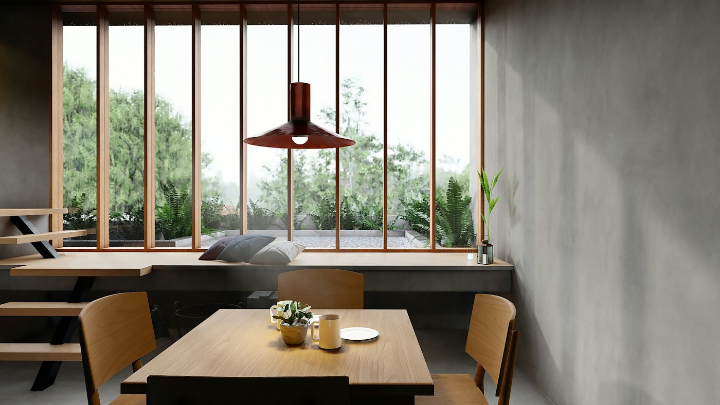 Dining table by a large window
