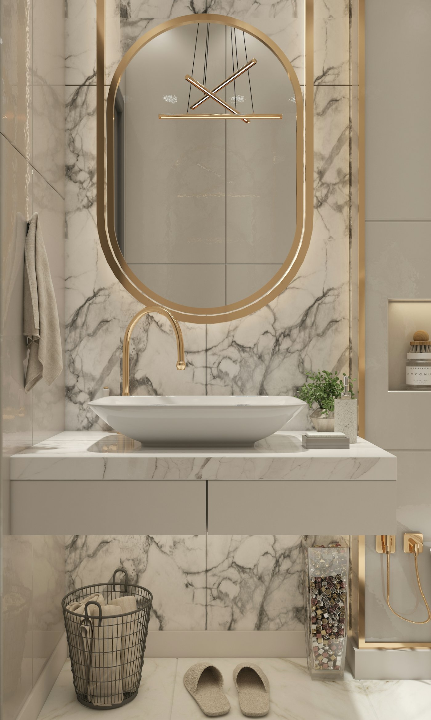 A marble bathroom vanity