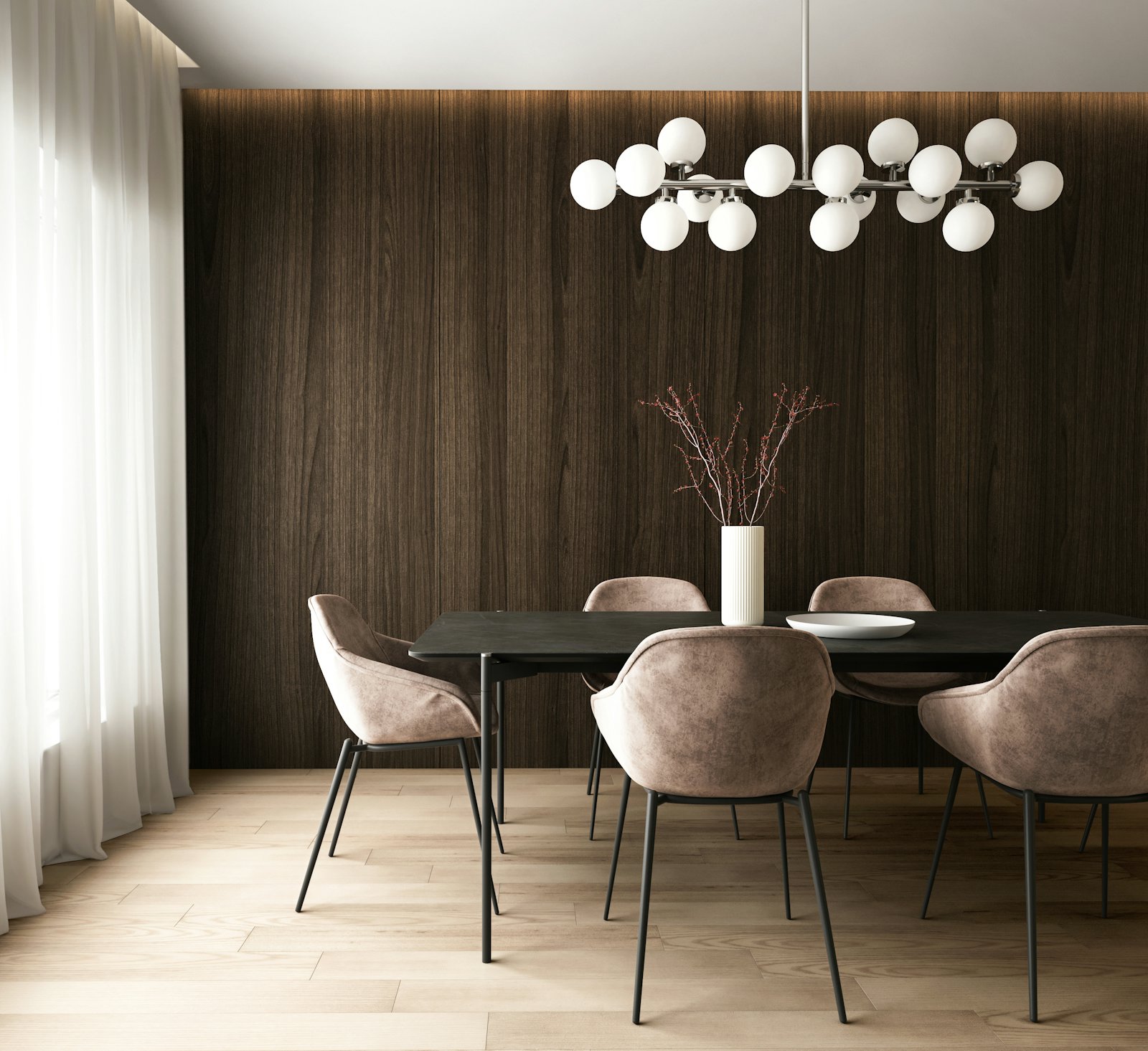 Dining area with pendant lights
