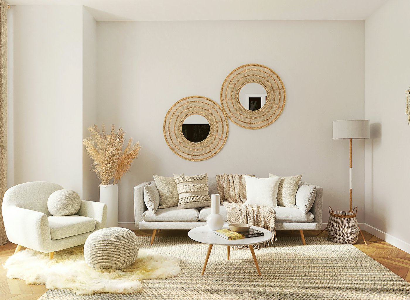 A bright living room with round mirrors